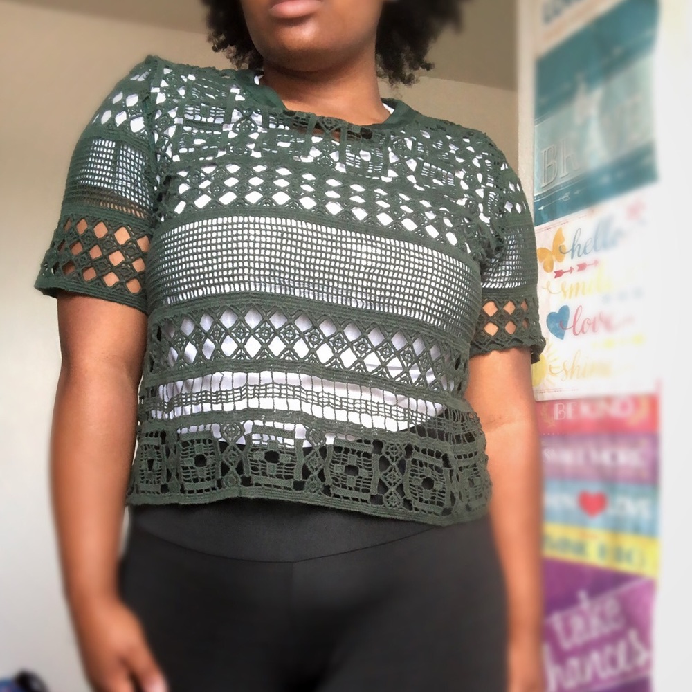 Dark green lace shirt.